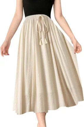 YOLAI Women Cotton and Linen Skirt Solid Color Casual Pleated Skirt Elastic Waist Drawstring A-Line Swing Skirt