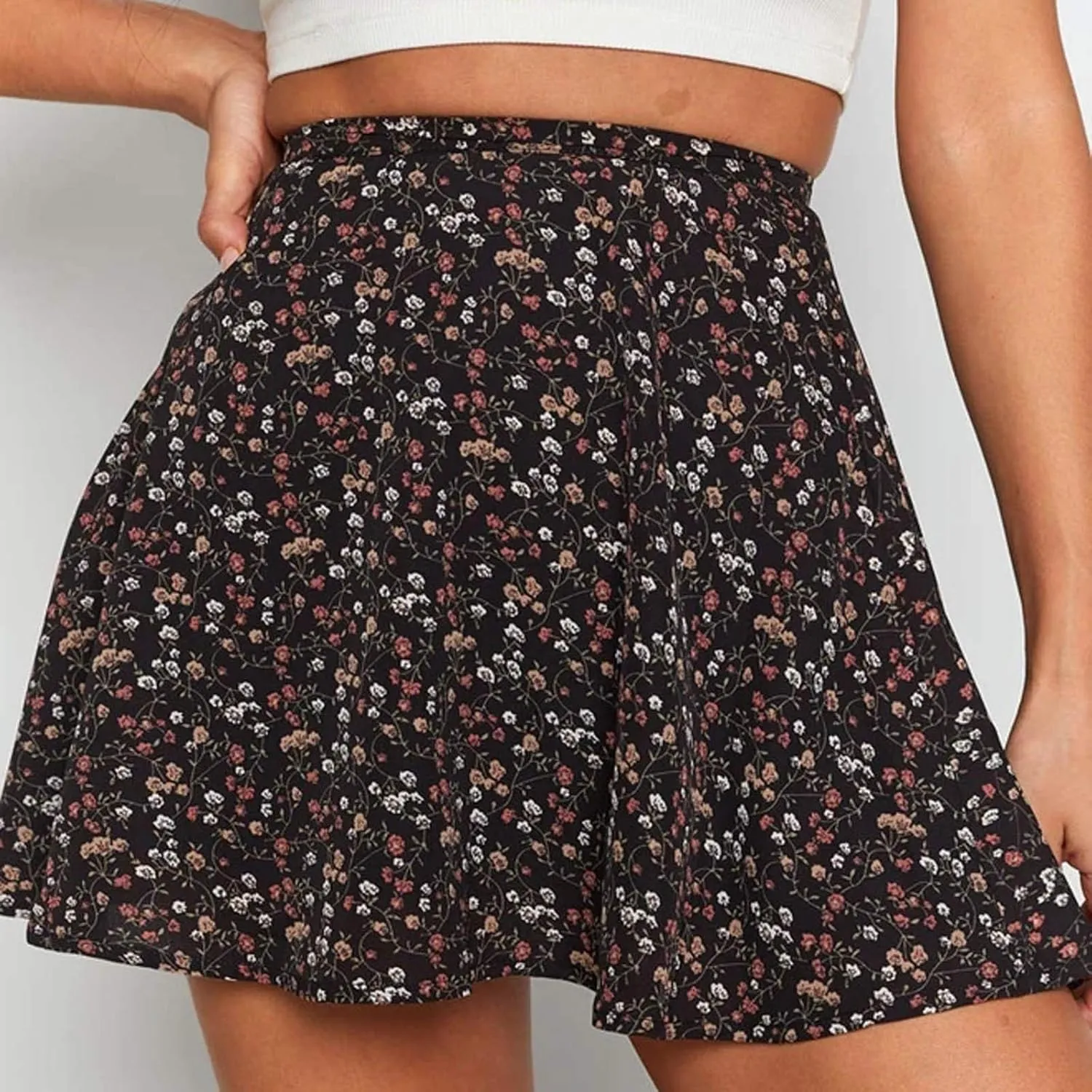 YOLAI Women Floral Printed High Waist Mini Skirt Zipper A-Line Short Skirt Summer Beach Skater Skirt