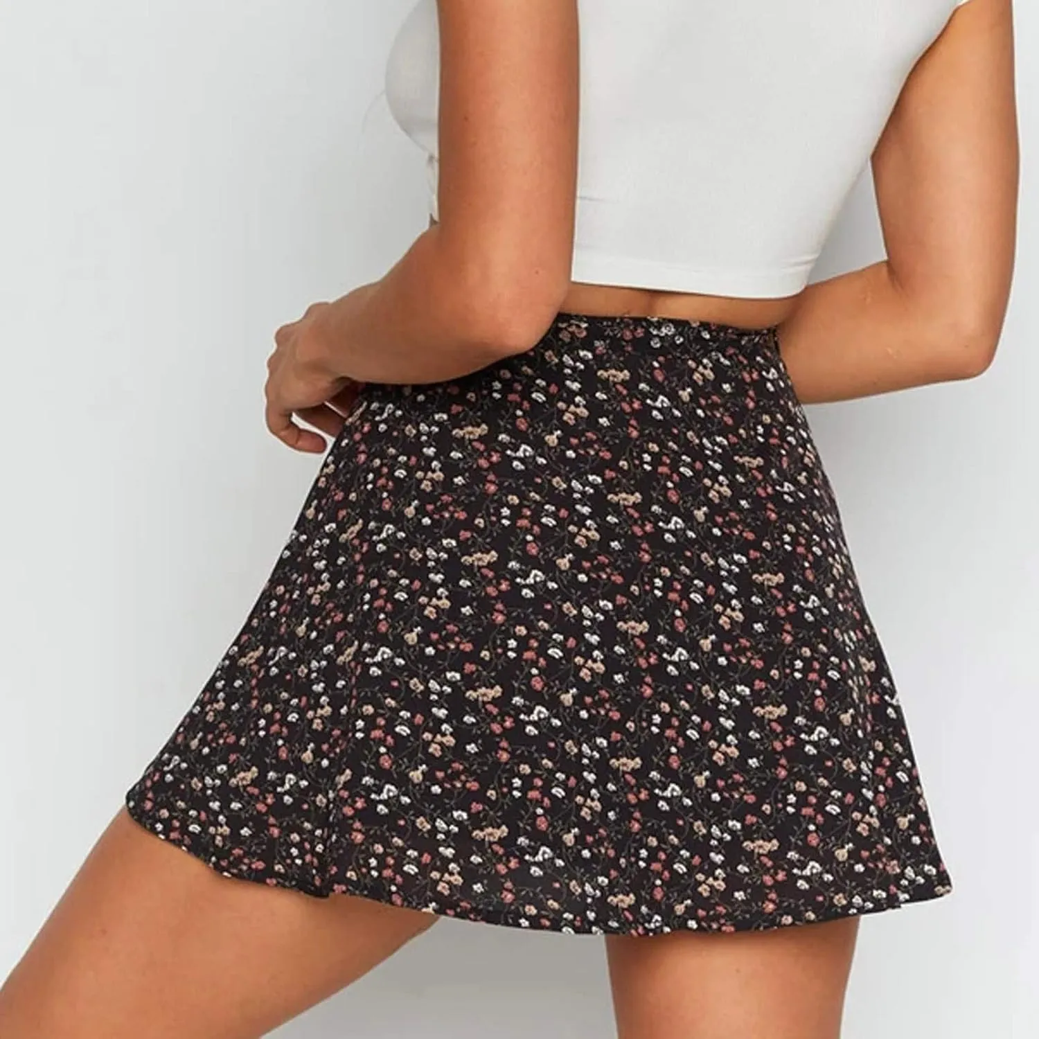 YOLAI Women Floral Printed High Waist Mini Skirt Zipper A-Line Short Skirt Summer Beach Skater Skirt