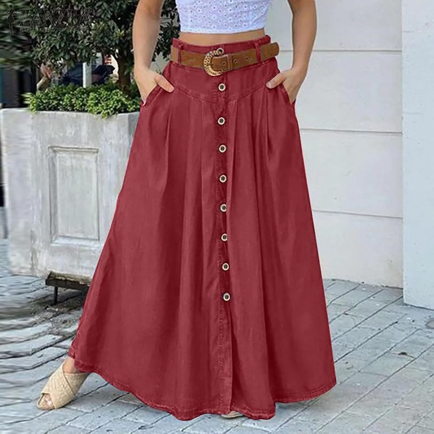YOLAI Women's Casual Button Down Pleated Skirt Solid Color Maxi Skirt A Line High Waist Skirt with Pocket