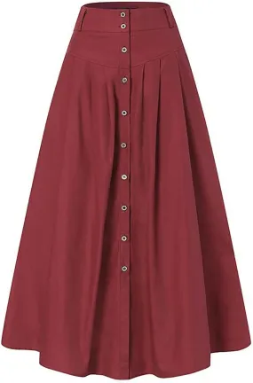 YOLAI Women's Casual Button Down Pleated Skirt Solid Color Maxi Skirt A Line High Waist Skirt with Pocket