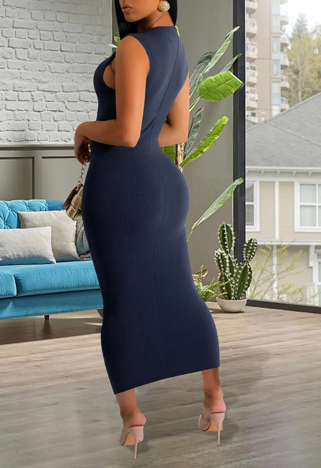 YouSexy Sexy Bodycon Ribbed Tank Dress for Women Sleeveless Casual Party Club Midi Dresses