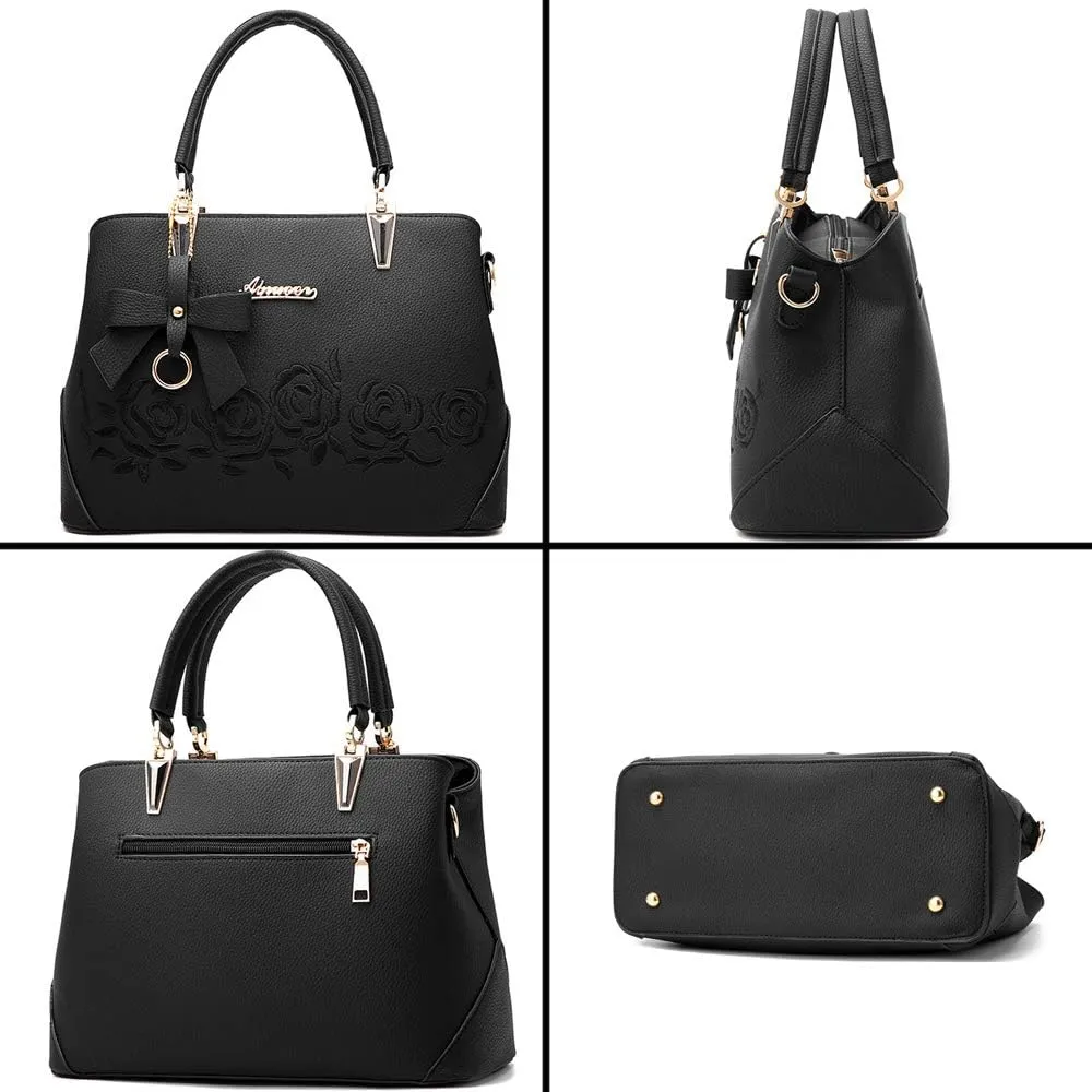 ZiMing Womens Handbags Floral Embroidery Satchel Bag Faux Leather Top Handle Purse Medium Tote Bag Crossbody Shoulder Bag
