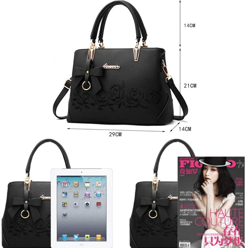 ZiMing Womens Handbags Floral Embroidery Satchel Bag Faux Leather Top Handle Purse Medium Tote Bag Crossbody Shoulder Bag