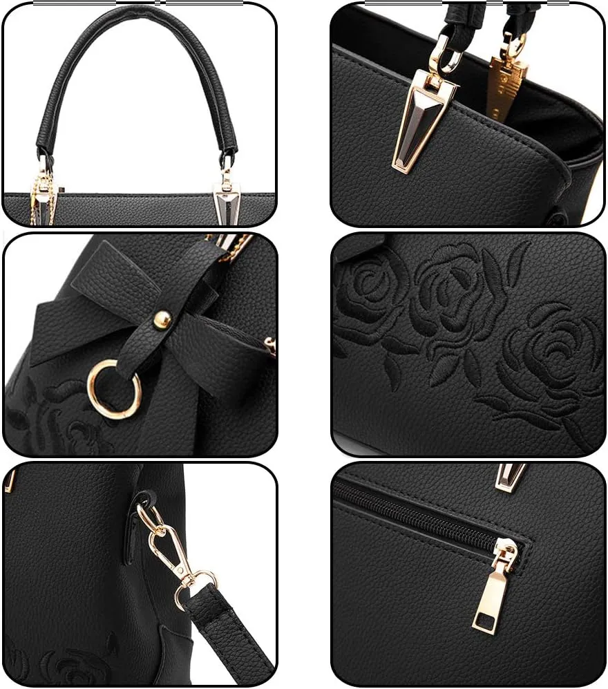 ZiMing Womens Handbags Floral Embroidery Satchel Bag Faux Leather Top Handle Purse Medium Tote Bag Crossbody Shoulder Bag